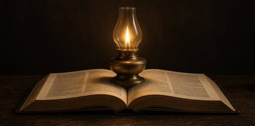 An oil lamp burning on an open Bible